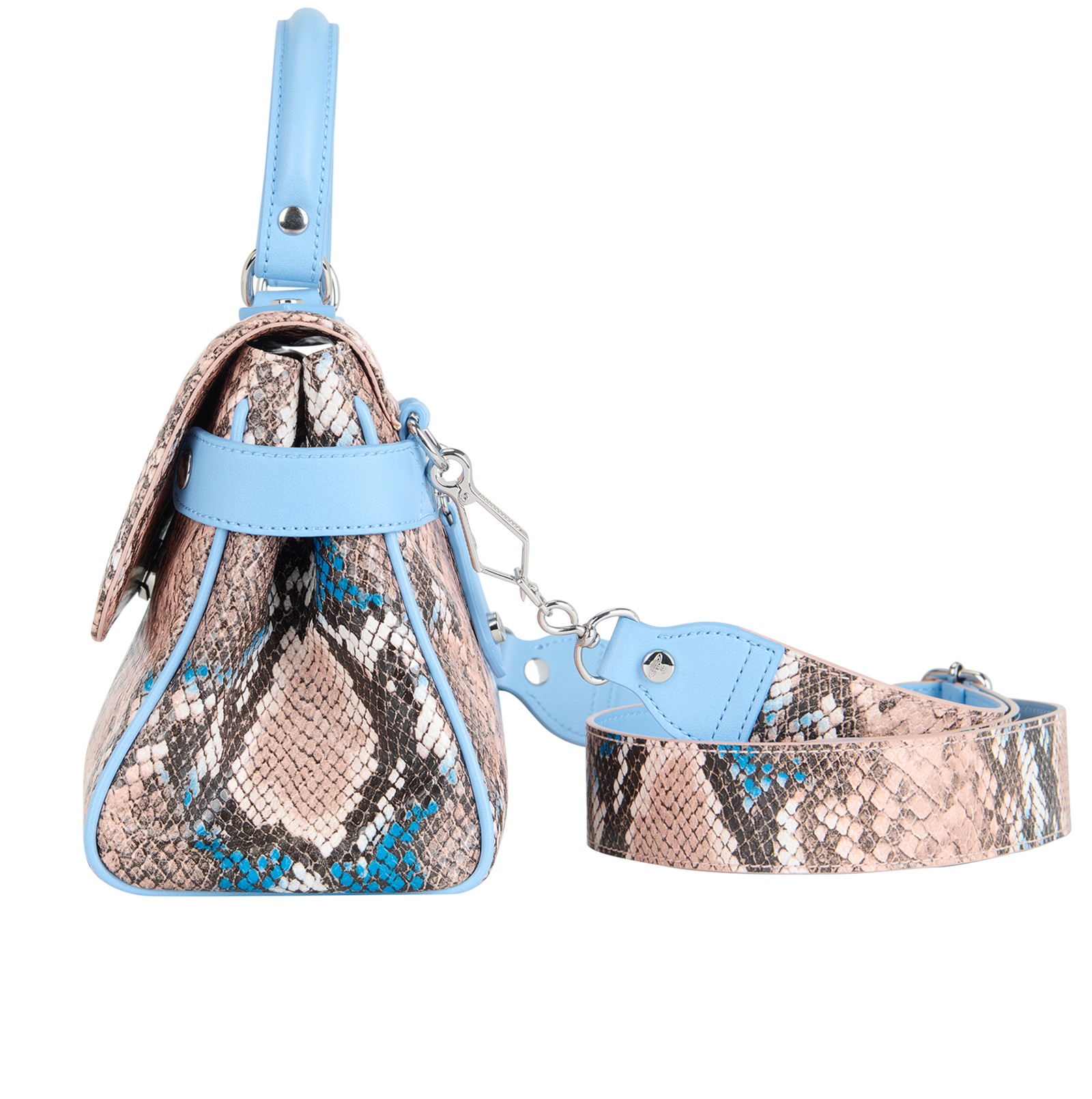 Snake Embossed Top Handle Bag, &pound;195, Handbags, Blue/Pink, Faux Leather, Bottom view